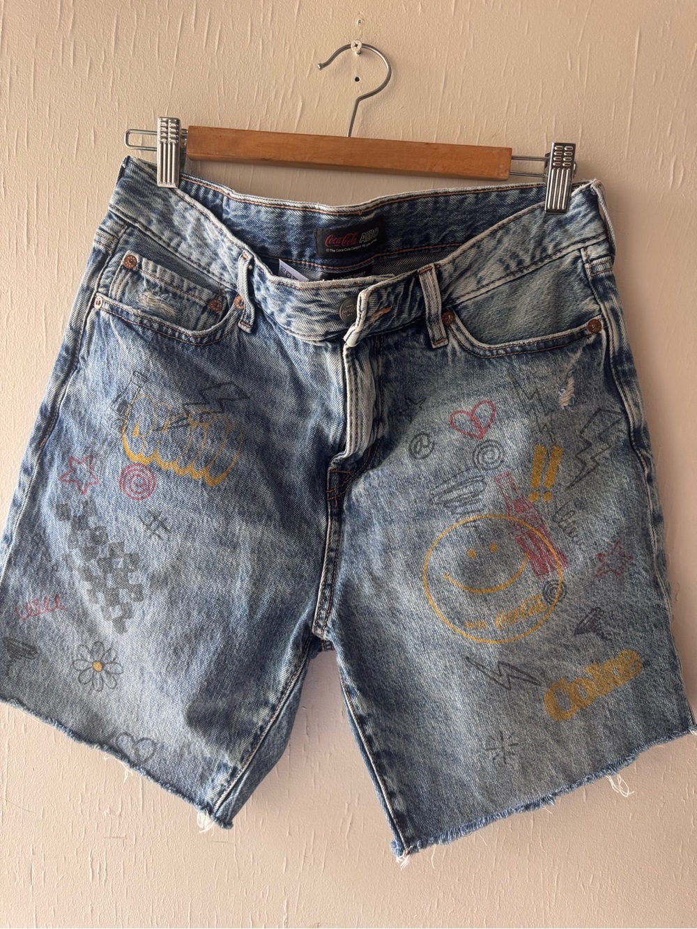 Coca Cola Light Wash Denim Shorts with Colorful Graffiti Prints